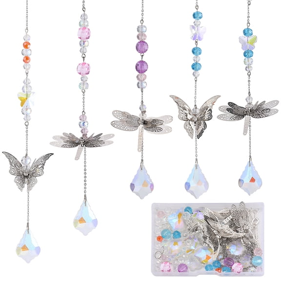 DIY Pendant Decoration Suncatchers Making Kit Including Glass Pendants & Beads Brass S-Hook Clasps 304 Stainless Steel Cable Chains Acrylic Beads Butterfly & Dragonfly & Leaf Mixed color 128pcs/box