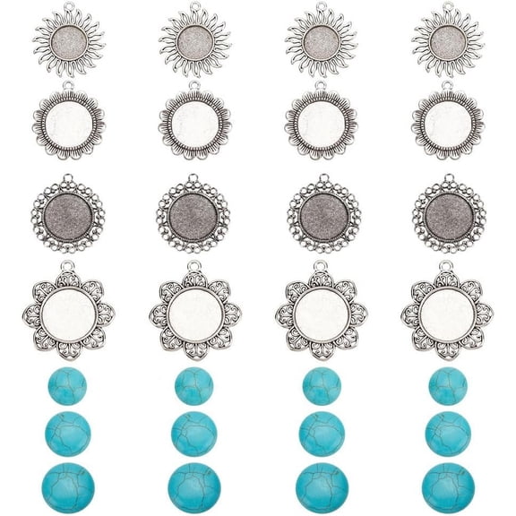DIY Pendant Making Kit Including Flower Alloy Pendant Cabochon Settings Synthetic Turquoise Cabochons Antique Silver 32Pcs/box
