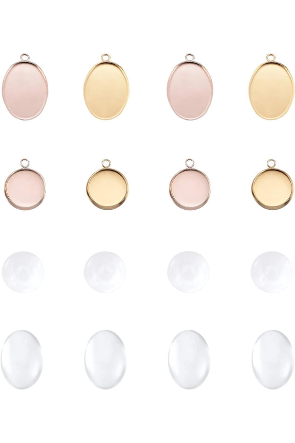 DIY Pendant Making with PVD Vacuum Plating 304 Stainless Steel Pendant Cabochon Settings and Transparent Glass Cabochons Oval and Flat Round Mixed Color 68pcs/box