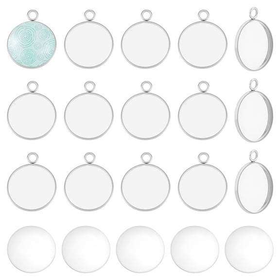 DIY Pendants Making Kit Including Glass Cabochons 304 Stainless Steel Pendant Cabochon Settings Stainless Steel Color 19.5~20x5.5mm