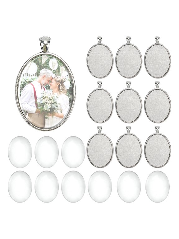 DIY Pendants Making Kits including Transparent Glass Cabochons Tibetan Style Oval Alloy Pendant Cabochon Settings Silver 51.5x33x3mm diy