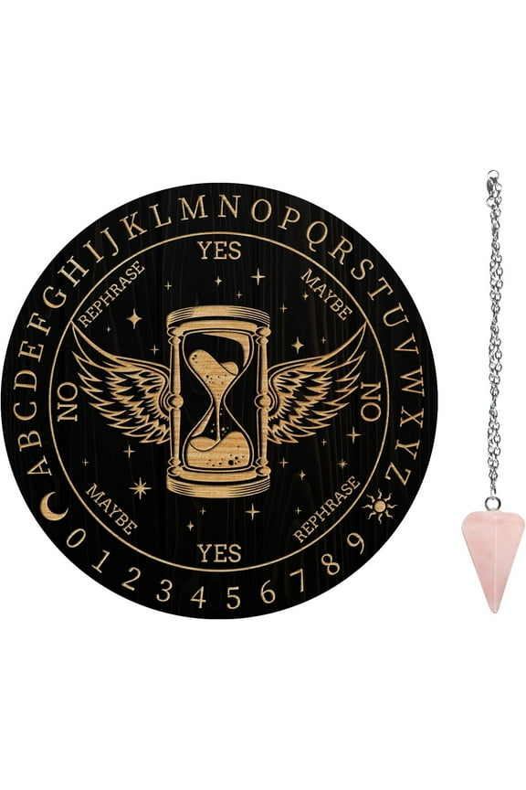 DIY Pendulum Board Set Wooden Dowsing Divination Board Metaphysical Message Board with Crystal Pendulum Necklace for Witchcraft Wiccan Altar Supplies Kit Hourglass& Wings DIY