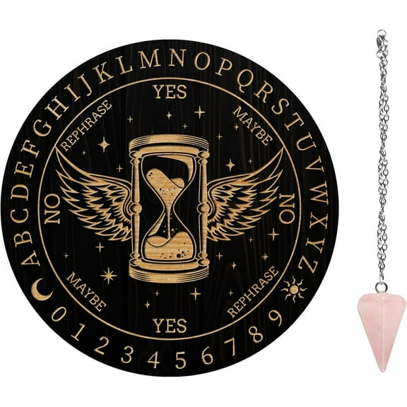 DIY Pendulum Board Set Wooden Dowsing Divination Board Metaphysical Message Board with Crystal Pendulum Necklace for Witchcraft Wiccan Altar Supplies Kit Hourglass& Wings DIY