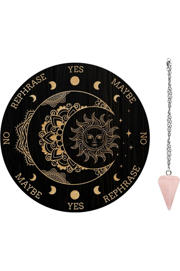 DIY Pendulum Board Set Wooden Dowsing Divination Board Metaphysical Message Board with Crystal Pendulum Necklace for Witchcraft Wiccan Altar Supplies Kit Mandala& moon& sun DIY