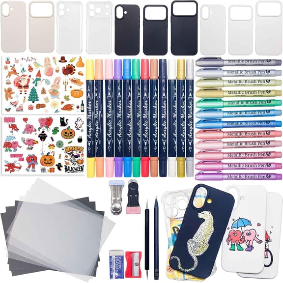 DIY Phone Case Kit 10 Plastic Phone Cases, 24-Color Acrylic Paint Markers (12 Standard+12 Metallic), Tracing Paper & Carbon Paper, Embossing Tools, Clips & Templates Custom Art Craft Set