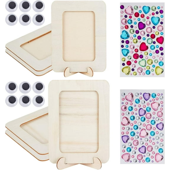 DIY Photo Frames Kits Blank Rectangle Wooden Photo Frames with Transparent Acrylic Rhinestone Stickers Picture Frame Craft Kit for Home School and Office Decoration