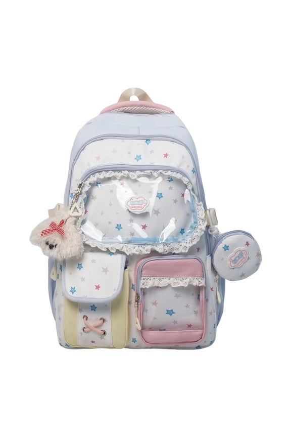 DIY Pin and Keychain Display Backpack, Oimcto Cute School Bag for Girls, Aesthetic Japanese Backpack Schoolbag for Teenage, Primary, Secondary and Middle School Students, Blue