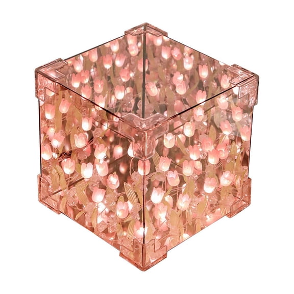 DIY Pink Tulip Night Light Kit - Battery-Powered Flower Sea Ambient Lamp,Handmade Creative Gift with 20 Pink Flowers,Multifunctional Mirror & Decor Light
