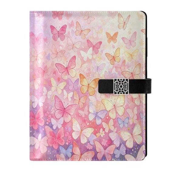 DIY Pinkbutterflyfield Printed Microfiber Leather Notebook 9.2x6.7" Refillable Binder Journal with Pen Loop&Pockets 100 Sheets