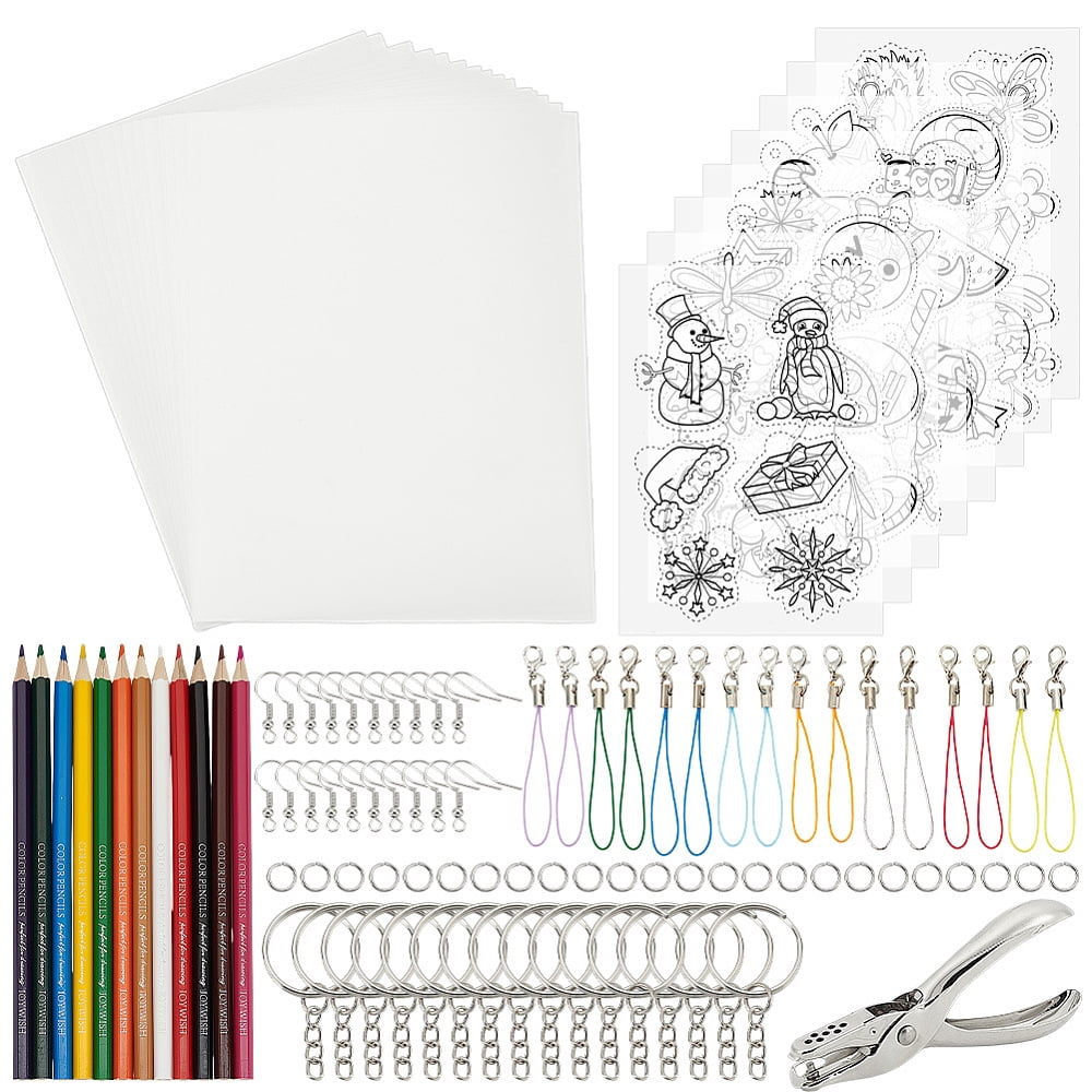 DIY Plastic Heat Shrink Sheets Jewelry Sets Making Kits including Alloy Handheld Puncher Stainless Steel Tweezers & Rings Iron Earring Hooks & Rings Pencil Polyester String Mixed Color 200x145x0.3mm