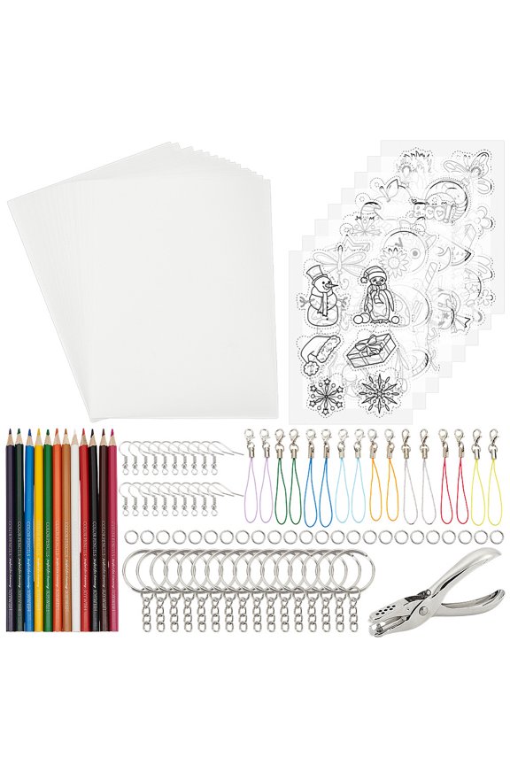 DIY Plastic Heat Shrink Sheets Jewelry Sets Making Kits including Alloy Handheld Puncher Stainless Steel Tweezers & Rings Iron Earring Hooks & Rings Pencil Polyester String Mixed Color 200x145x0.3mm