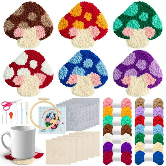 DIY Poking Coaster Craft Kit, Making Mushroom Pattern  Embroider Coasters for Beginners