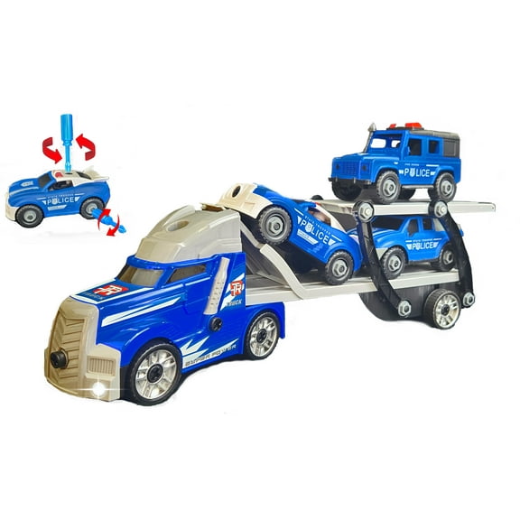 DIY Police Truck Playset Big Semi Hauler and 3 Patrol Cars, Take Apart & Rebuild Vehicle Toy with Lights & Sound