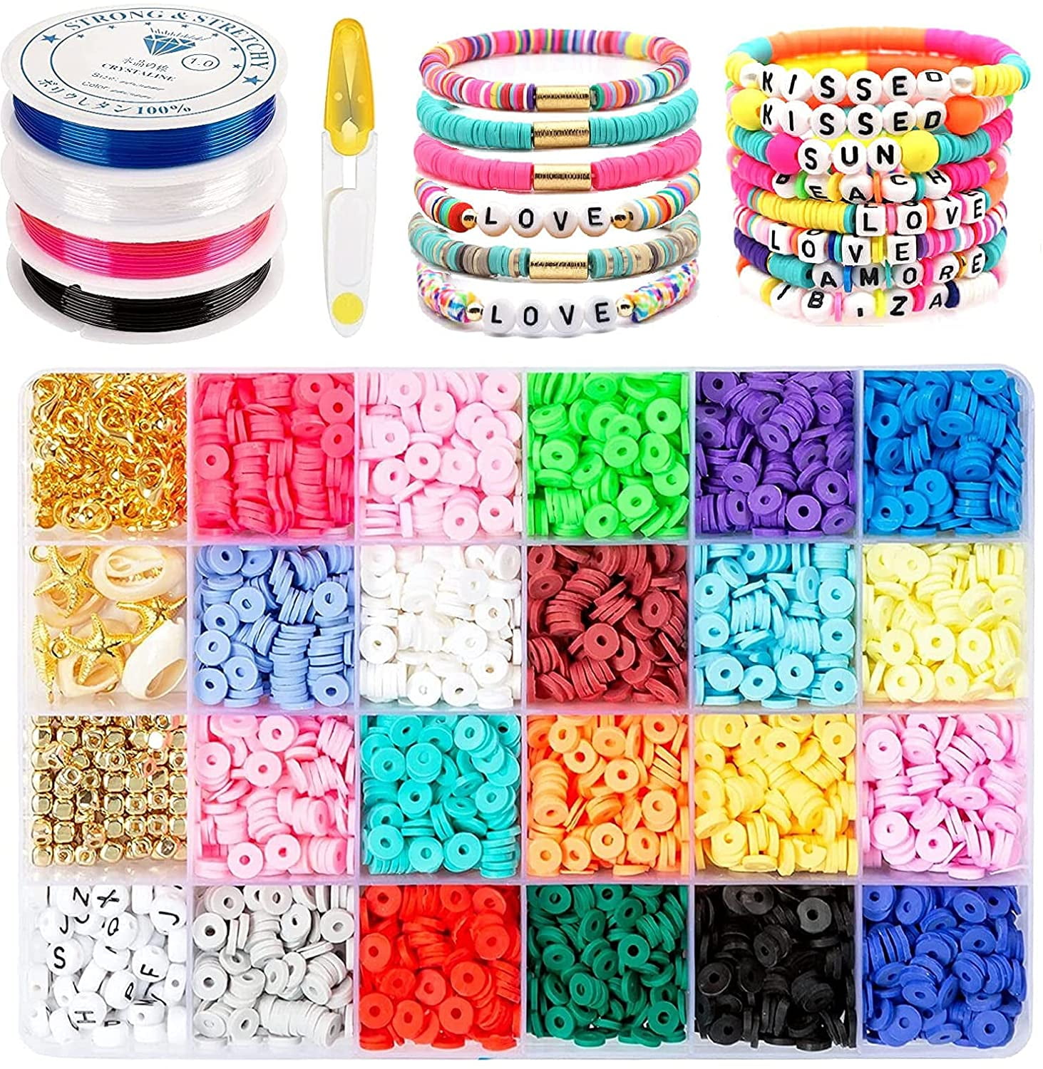 4800pcs Clay with Letter Beads for Bracelets, 20 Colors 6mm Flat Polymer Clay Spacer Beads with Elastic String and Pendant - Set, Women's, Size