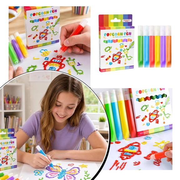 DIY Popcorn Pen Set of 6 Pack, 10ml Each Expanding Paint Pen, Fun Three-Dimensional Raised Texture Marker, Plastic Drawing Pens for Paper Cardboard Glass, Creative Gift for Boys Girls