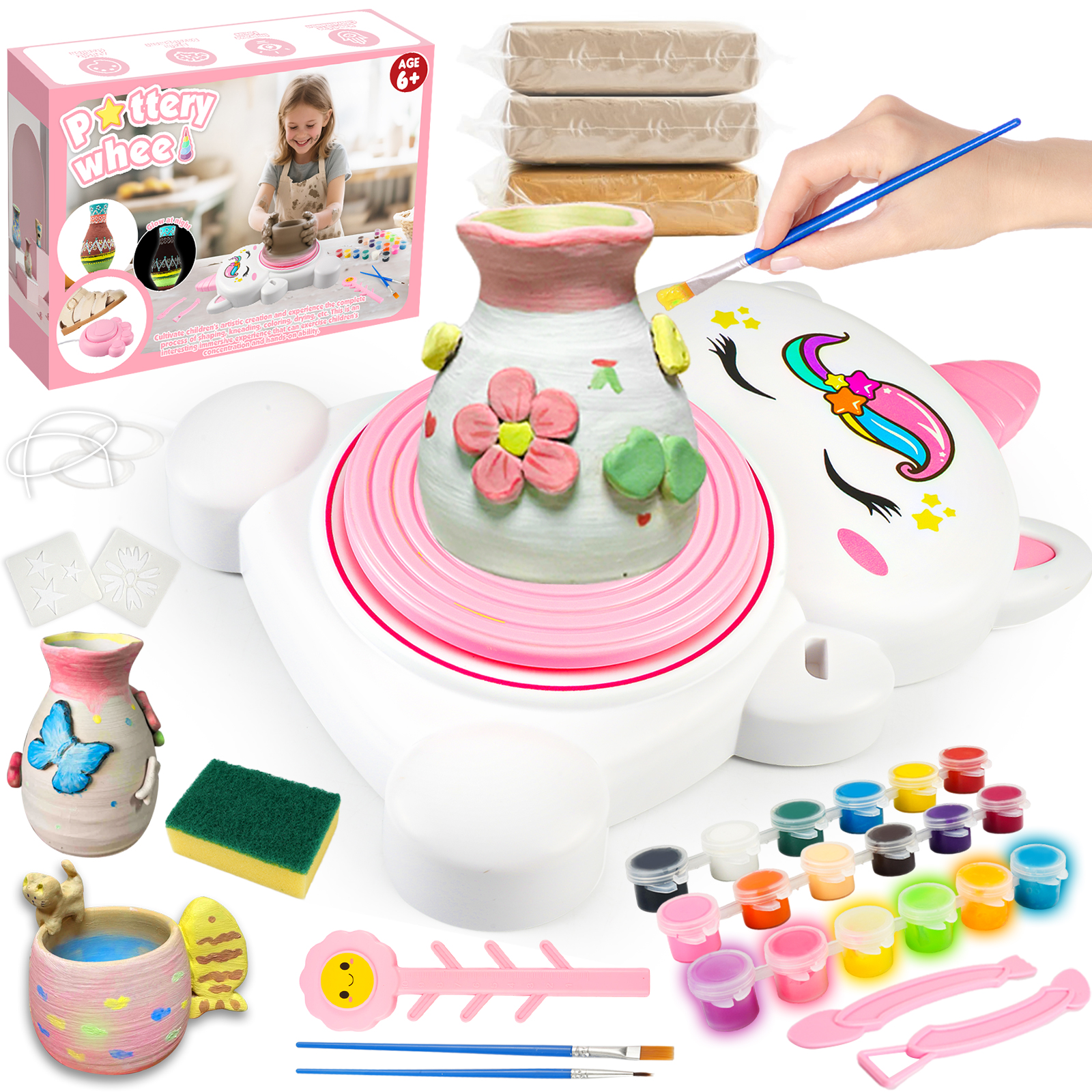 DIY Pottery Wheel Kit with 3 Pack Air-Dry Clay for Kids,Kids Pottery Craft Set, Ages 6+, Holiday Gift for Creative Play