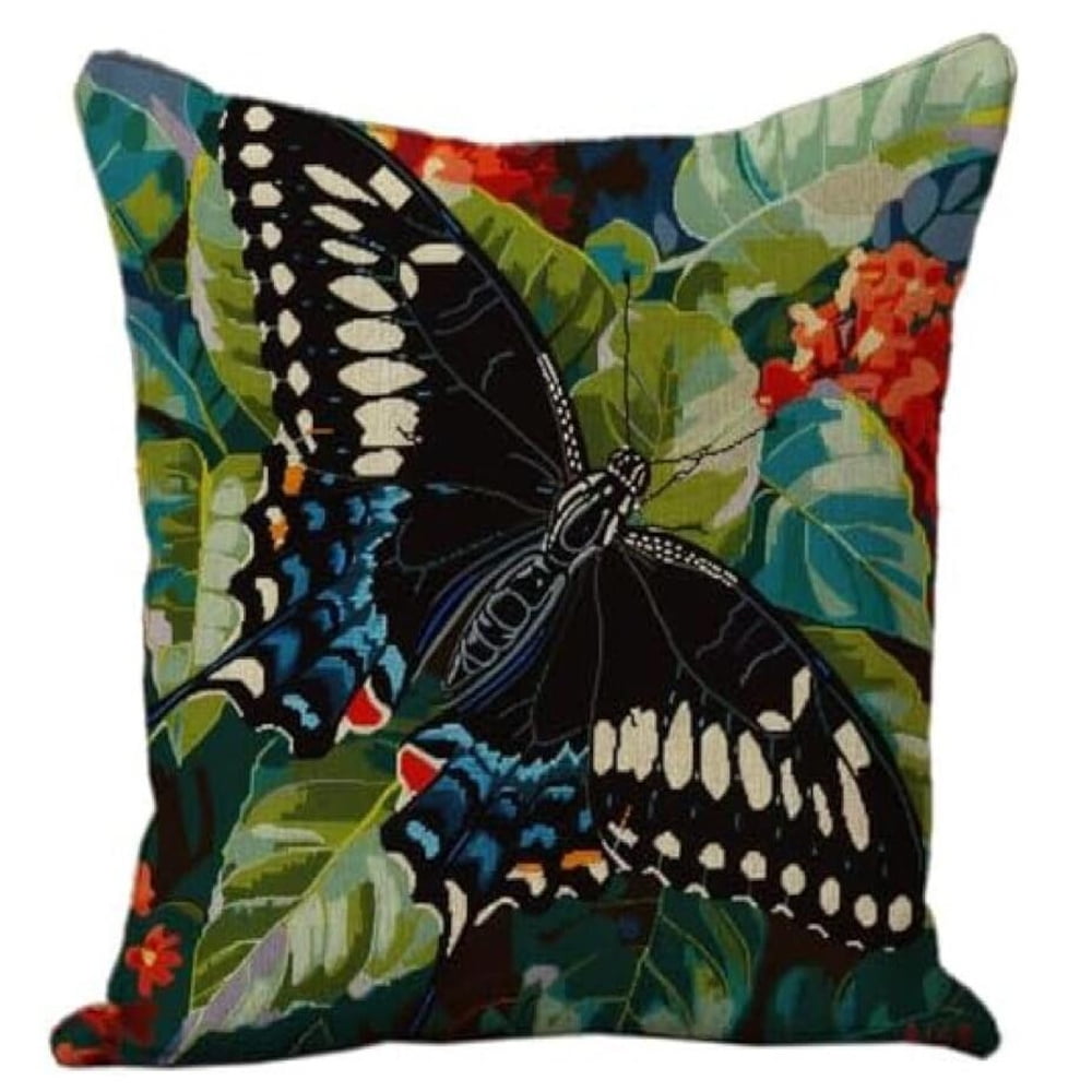 DIY Printed Cross Stitch Pillow Kits Black Butterfly On Red Flowers,Embroidery Kit for Adults 11CT Cross Stitch Kit Printed Canvas Needlework Decoration 17x17in