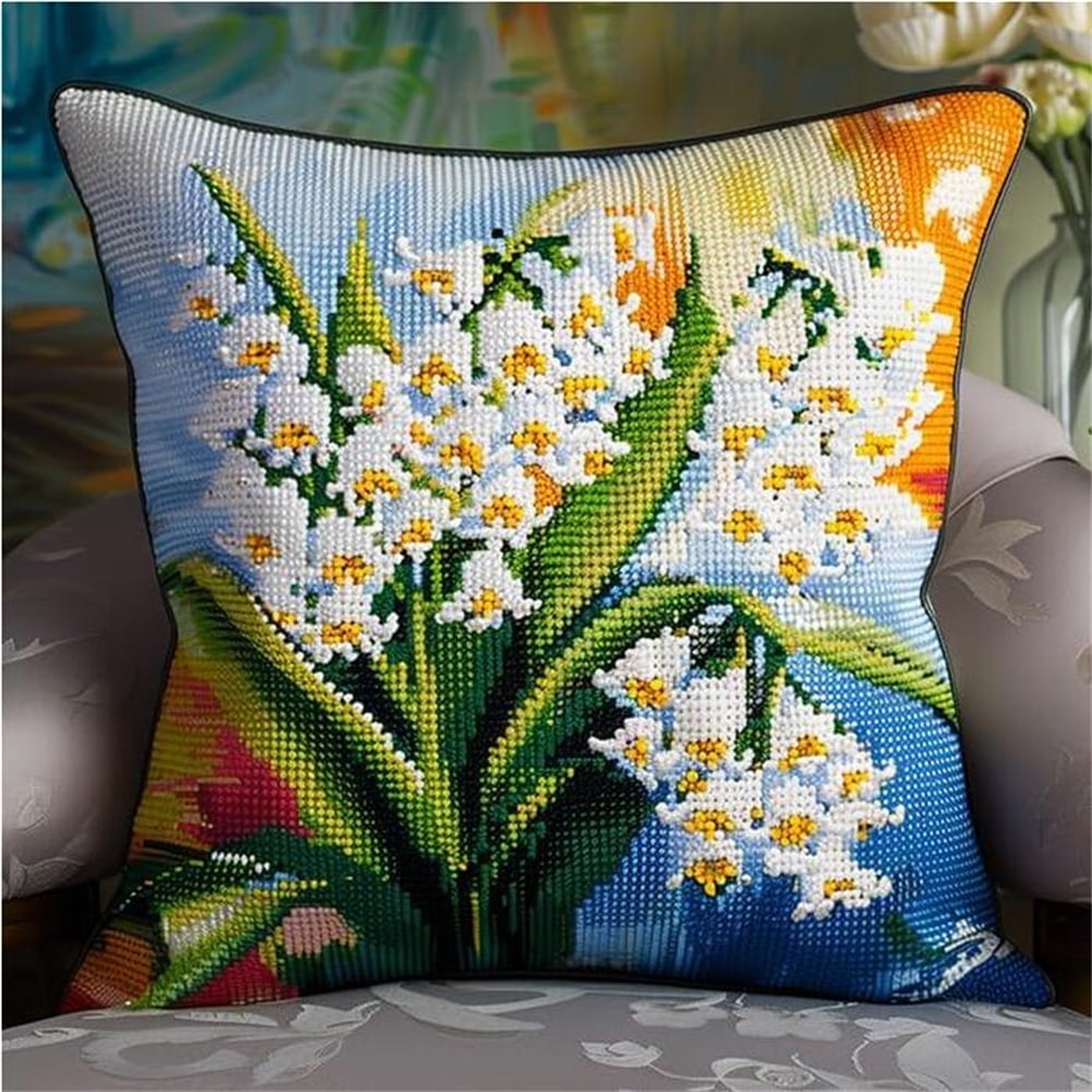 DIY Printed Cross Stitch Pillow Kits,Lily of The Valley Flowers Embroidery Kit for Adults 11CT Cross Stitch Kit Printed Canvas Needlework Decoration
