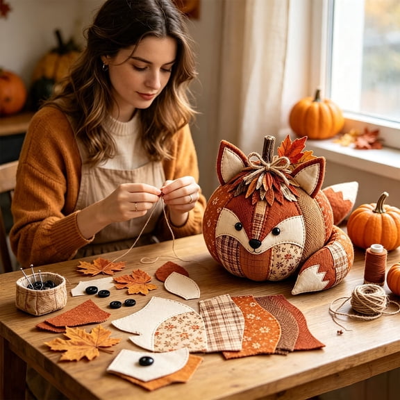 DIY Pumpkin Sewing Kit, Cloth Animal-Themed Halloween Craft Set, Hands-On Fabric Sewing Project for Home Crafting, Mantel, Shelf, Gift Making, Fox, 7.87 x 1.18 in, Multicolor, 1 Kit, Style A