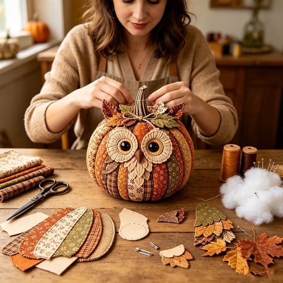 DIY Pumpkin Sewing Kit, Cloth Animal-Themed Halloween Craft Set, Hands-On Fabric Sewing Project for Home Crafting, Mantel, Shelf, Gift Making, Owl, 7.87 x 1.18 in, Multicolor, 1 Kit, Style D