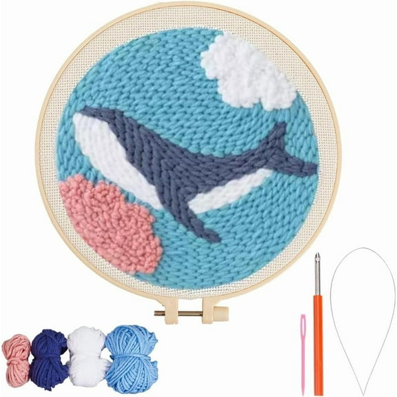 DIY Punch Needle Kit Dolphin Punching Needle Embroidery Kits with Sewing Pinch Yarns Wood Hoop Shelf Stamped Embroidery Cloth Animal Pattern Craft Set for Adult Beginner Making Garment Pillow