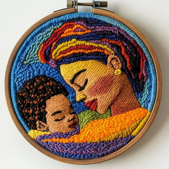 DIY Punch Needle Kits Abstract African Woman and Baby Easy for Beginners Punch Needle Embroidery Set for Craft lovers with Printed Pattern and Hoop for Home Decor 20x20cm-1