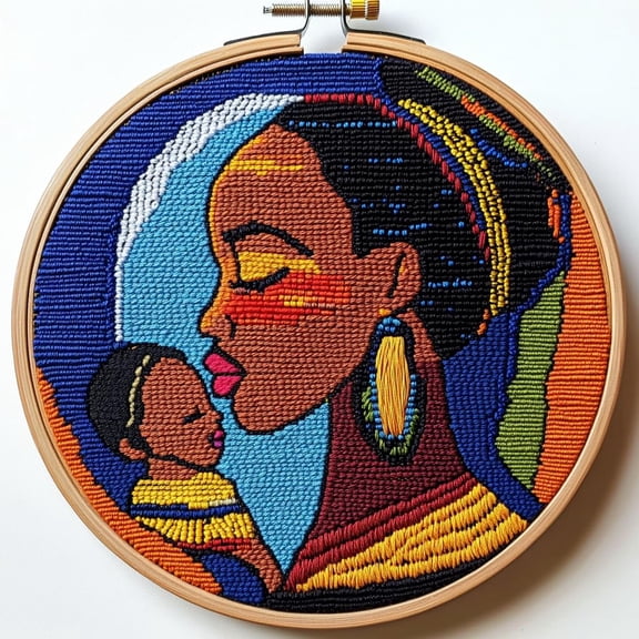 DIY Punch Needle Kits Abstract African Woman and Baby Easy for Beginners Punch Needle Embroidery Set for Craft lovers with Printed Pattern and Hoop for Home Decor 20x20cm-2