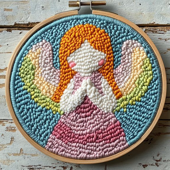 DIY Punch Needle Kits Abstract Praying Angel Easy for Beginners Punch Needle Embroidery Set for Craft lovers with Printed Pattern and Hoop for Home Decor 20x20cm-3