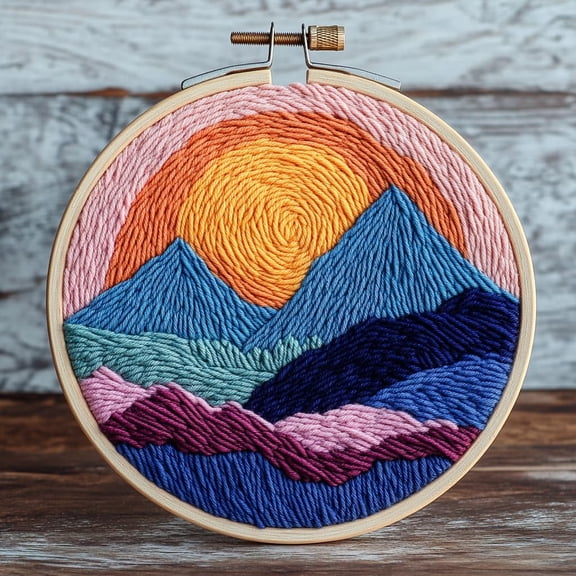 DIY Punch Needle Kits Abstract Sunset and Mountains Easy for Beginners Punch Needle Yarn Starter Embroidery Set for Craft lovers with Hoop for Home Decoration 20x20cm