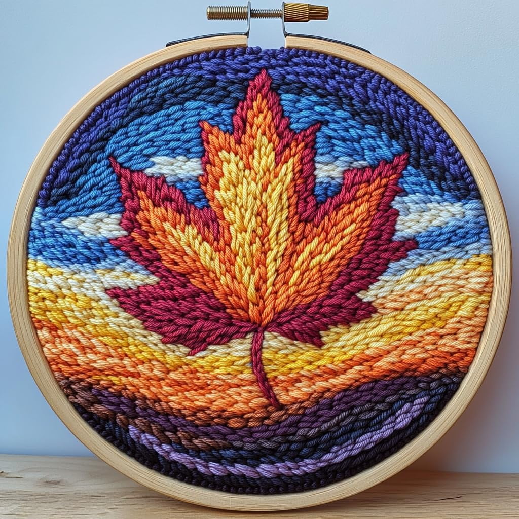 DIY Punch Needle Kits Autumn Maple Leaf with Sunset Embroidery Punch ...