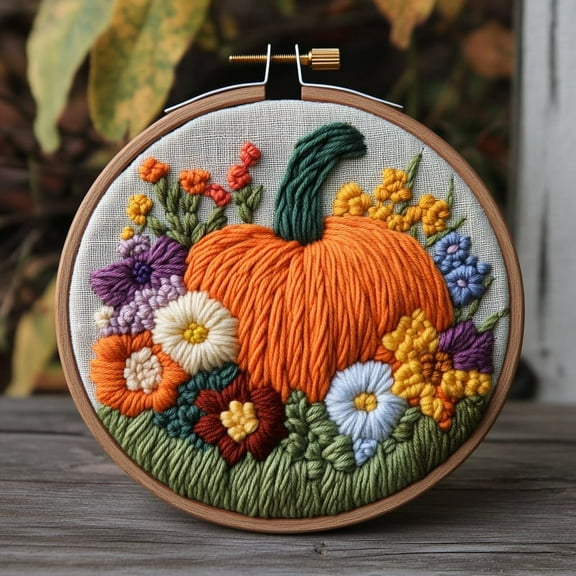 DIY Punch Needle Kits Autumn Pumpkin in Flowers Easy for Beginners Punch Needle Embroidery Set for Craft lovers with Printed Pattern and Hoop for Home Decor 20x20cm-1