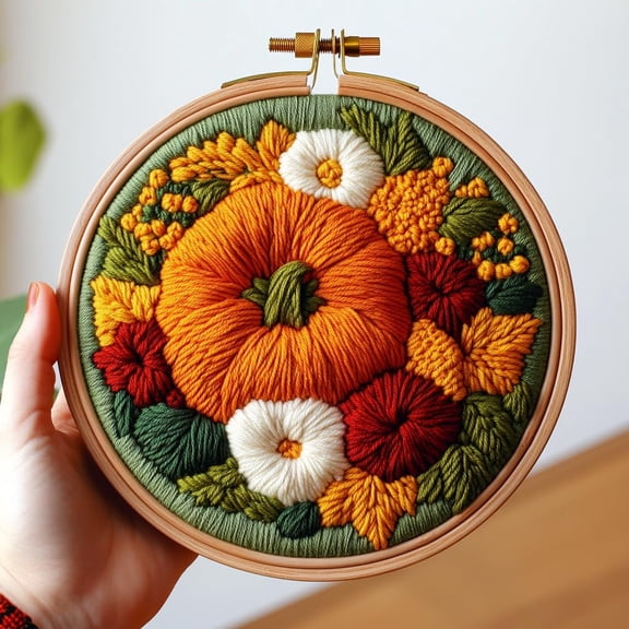 DIY Punch Needle Kits Autumn Pumpkin in Flowers Easy for Beginners Punch Needle Embroidery Set for Craft lovers with Printed Pattern and Hoop for Home Decor 20x20cm-2