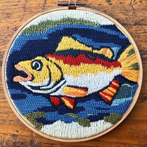 DIY Punch Needle Kits Bass Fish Easy for Beginners Punch Needle Embroidery Set for Craft lovers with Printed Pattern and Hoop for Home Decor 20x20cm-3