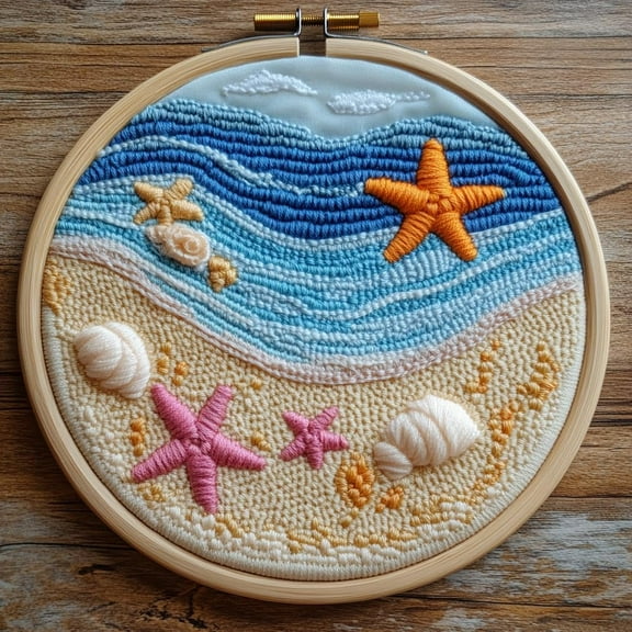 DIY Punch Needle Kits Beach and Starfish Sea Shells Easy for Beginners Punch Needle Embroidery Set with Hoop Stamped Pattern for Craft lovers and Home Decor-3