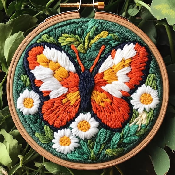 DIY Punch Needle Kits Beautiful Butterfly on Daisy Flowers Easy for Beginners Punch Needle Embroidery Set for Craft lovers with Printed Pattern and Hoop for Home Decor 20x20cm-5