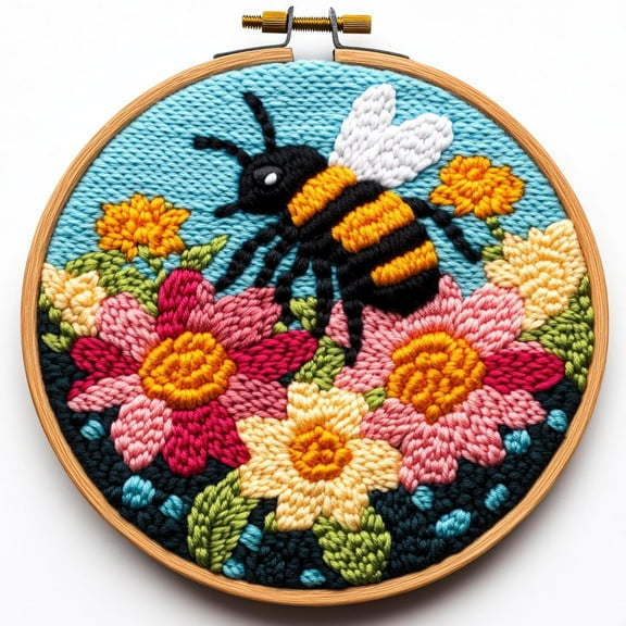 DIY Punch Needle Kits Bee in Flowers Easy for Beginners Punch Needle Embroidery Set with Hoop Stamped Pattern for Craft lovers and Home Decor-1