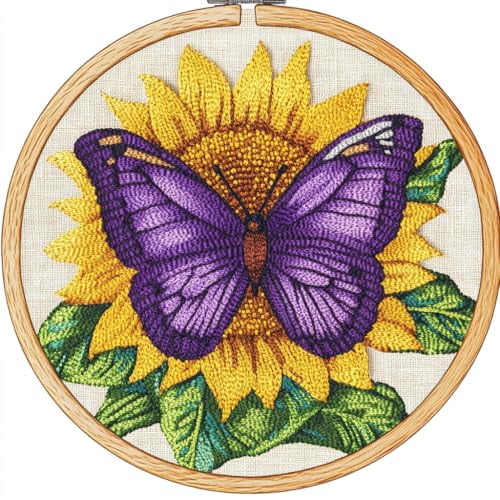 DIY Punch Needle Kits for Beginners Butterfly on Sunflower Simple Shapes with Hoop Punch Needle Starter Craft Embroidery Set Easy for Adults and Children Festival Gift and Decoration 20x20cm-1