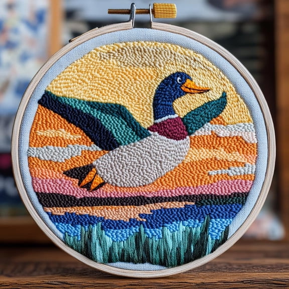DIY Punch Needle Kits for Beginners Cartoon Flying Mallard with Sunset with Hoop Embroidery Punch Needle Starter Craft Set Easy for Adults and Children Festival Gift and Decoration 20x20cm-3