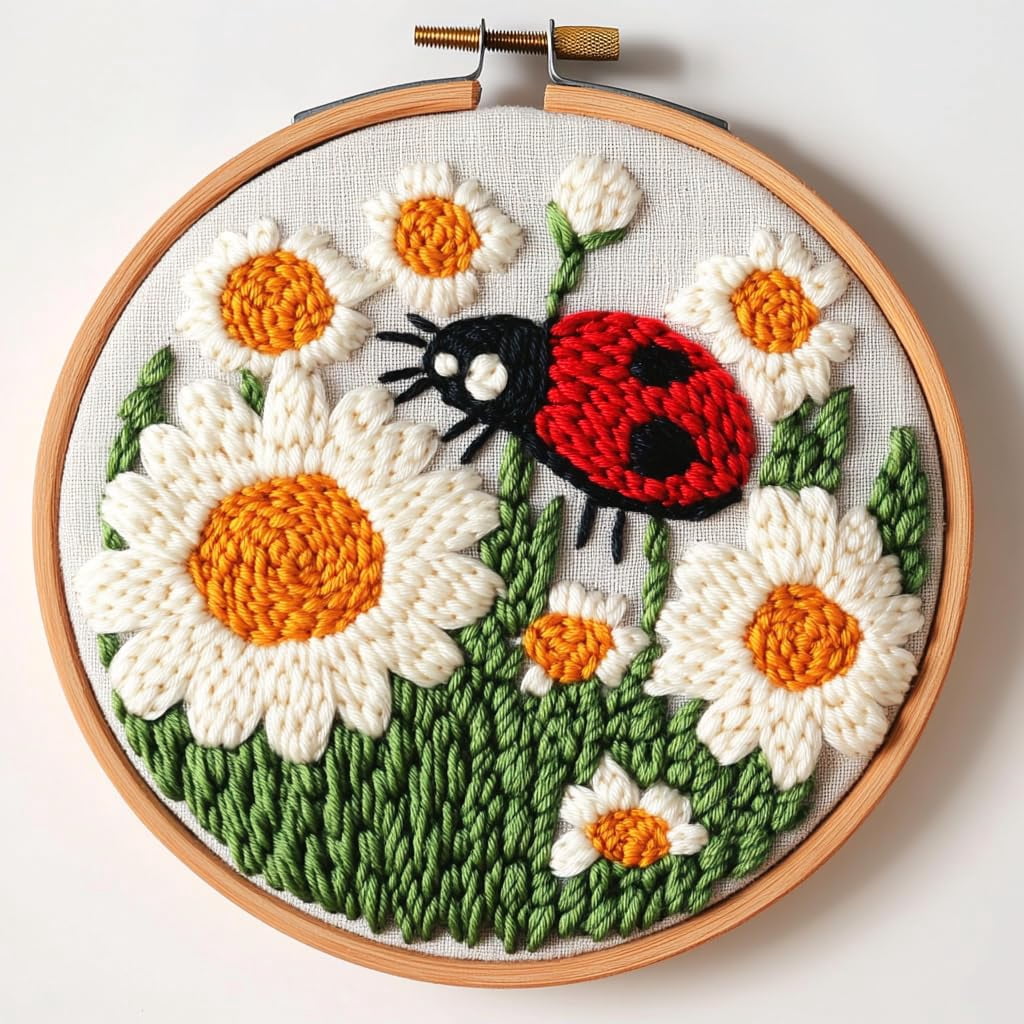 DIY Punch Needle Kits for Beginners Cartoon Ladybird on Daisy Flowers ...