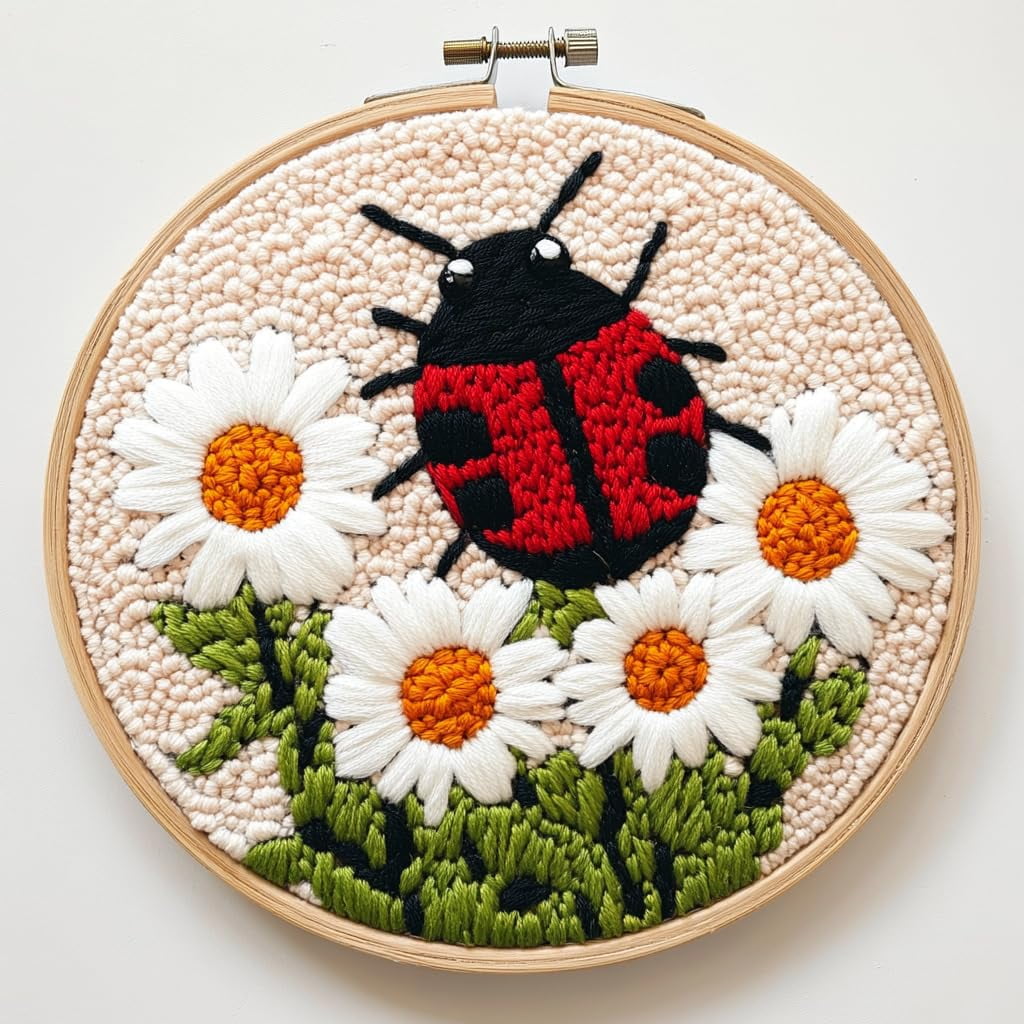 DIY Punch Needle Kits for Beginners Cartoon Ladybird on Daisy Flowers ...