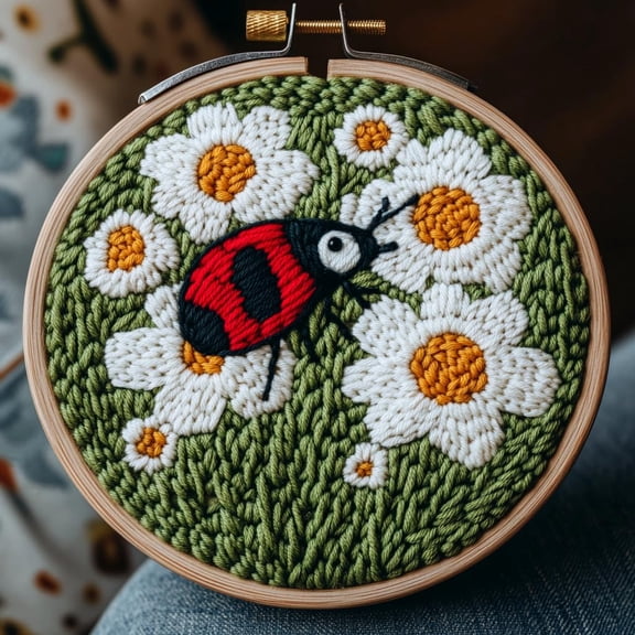 DIY Punch Needle Kits for Beginners Cartoon Ladybird on Daisy Flowers with Hoop Embroidery Punch Needle Starter Craft Set Easy for Adults and Children Festival Gift and Decoration 20x20cm-6