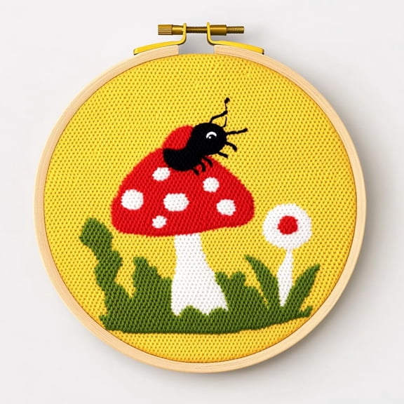 DIY Punch Needle Kits for Beginners Cartoon Ladybird and Mushroom with Hoop Embroidery Punch Needle Starter Craft Set Easy for Adults and Children Festival Gift and Decoration 20x20cm-1