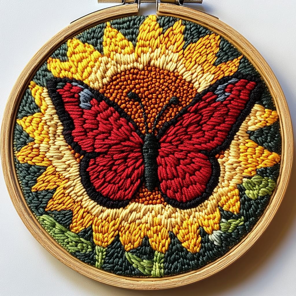 DIY Punch Needle Kits for Beginners Cartoon Red Butterfly on Sunflower ...