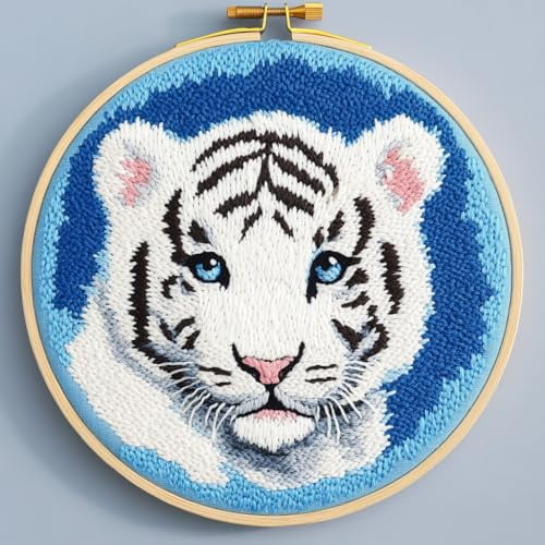 DIY Punch Needle Kits for Beginners Cartoon White Tiger Portrait with Hoop Embroidery Punch Needle Starter Craft Set Easy for Adults and Children Festival Gift and Decoration 20x20cm-2