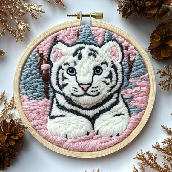 DIY Punch Needle Kits for Beginners Cartoon White Tiger with Snow with Hoop Embroidery Punch Needle Starter Craft Set Easy for Adults and Children Festival Gift and Decoration 20x20cm-3