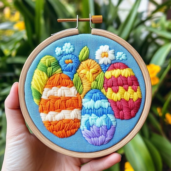 DIY Punch Needle Kits for Beginners Colorful Easter Eggs with Hoop Punch Needle Starter Craft Embroidery Set Easy for Adults and Children Festival Gift and Decoration 20x20cm-1