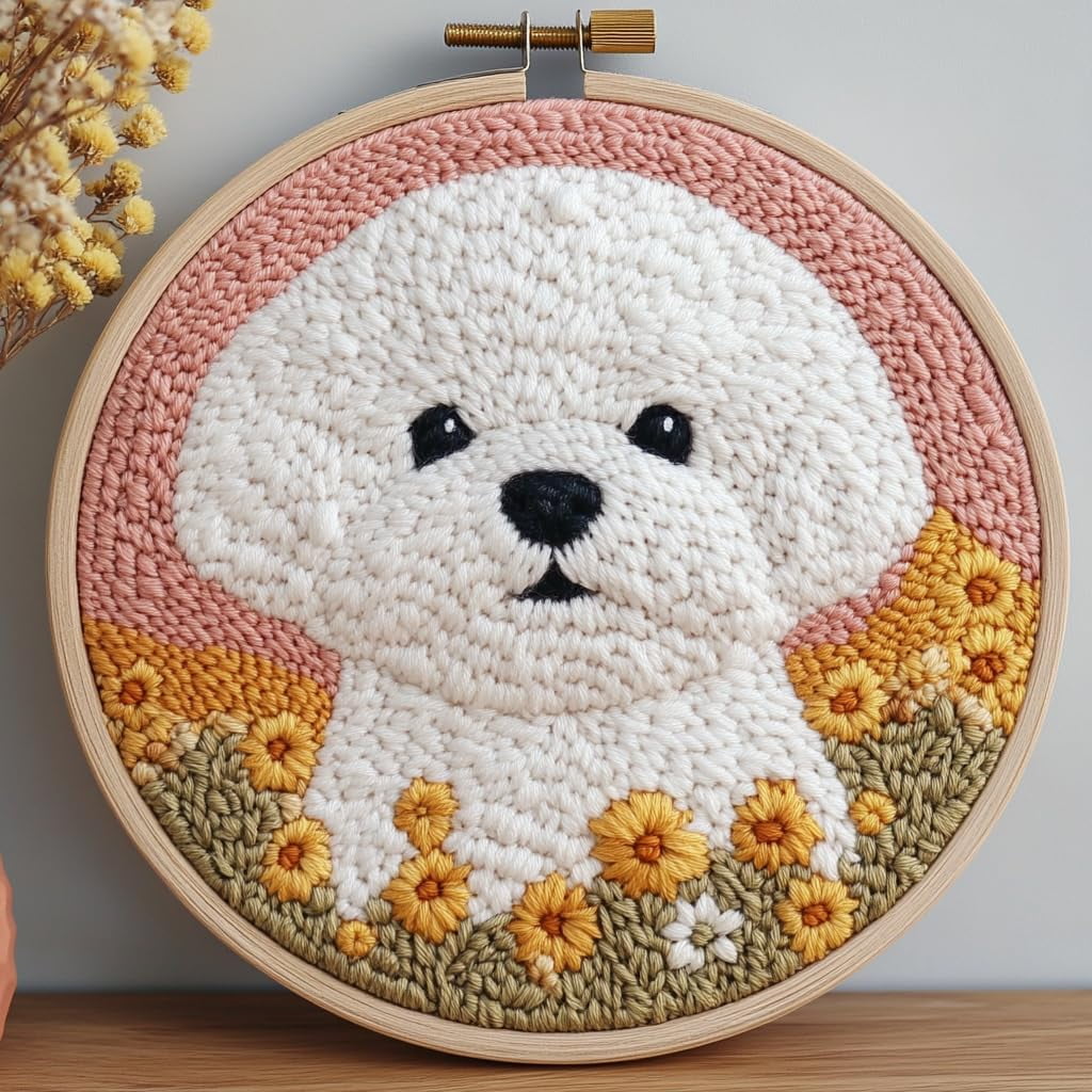 DIY Punch Needle Kits for Beginners Cute Bichon Frise Dog with Sunset ...