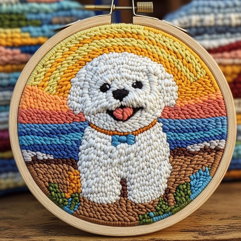 DIY Punch Needle Kits for Beginners Cute Bichon Frise Dog with Sunset ...