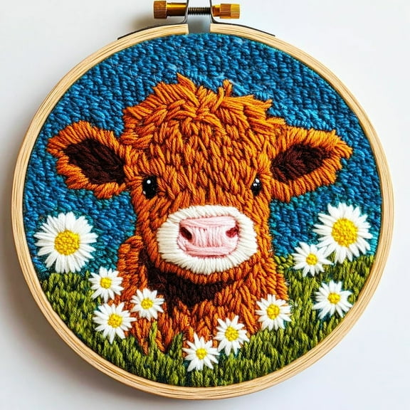DIY Punch Needle Kits for Beginners Cute Cartoon Highland Cow with Daisy Flower with Hoop Embroidery Punch Needle Starter Craft Set for Adults and Children Festival Gift and Decoration,7.8 Inch