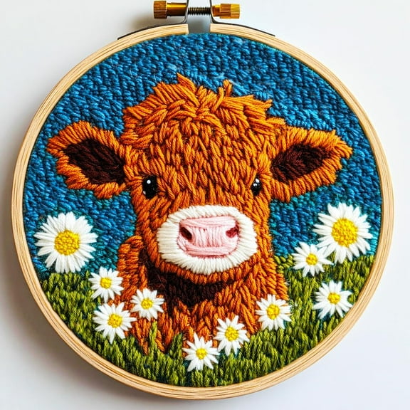 DIY Punch Needle Kits for Beginners Cute Cartoon Highland Cow with Daisy Flower with Hoop Embroidery Punch Needle Starter Craft Set Easy for Adults and Children Festival Gift and Decoration 20x20cm-1